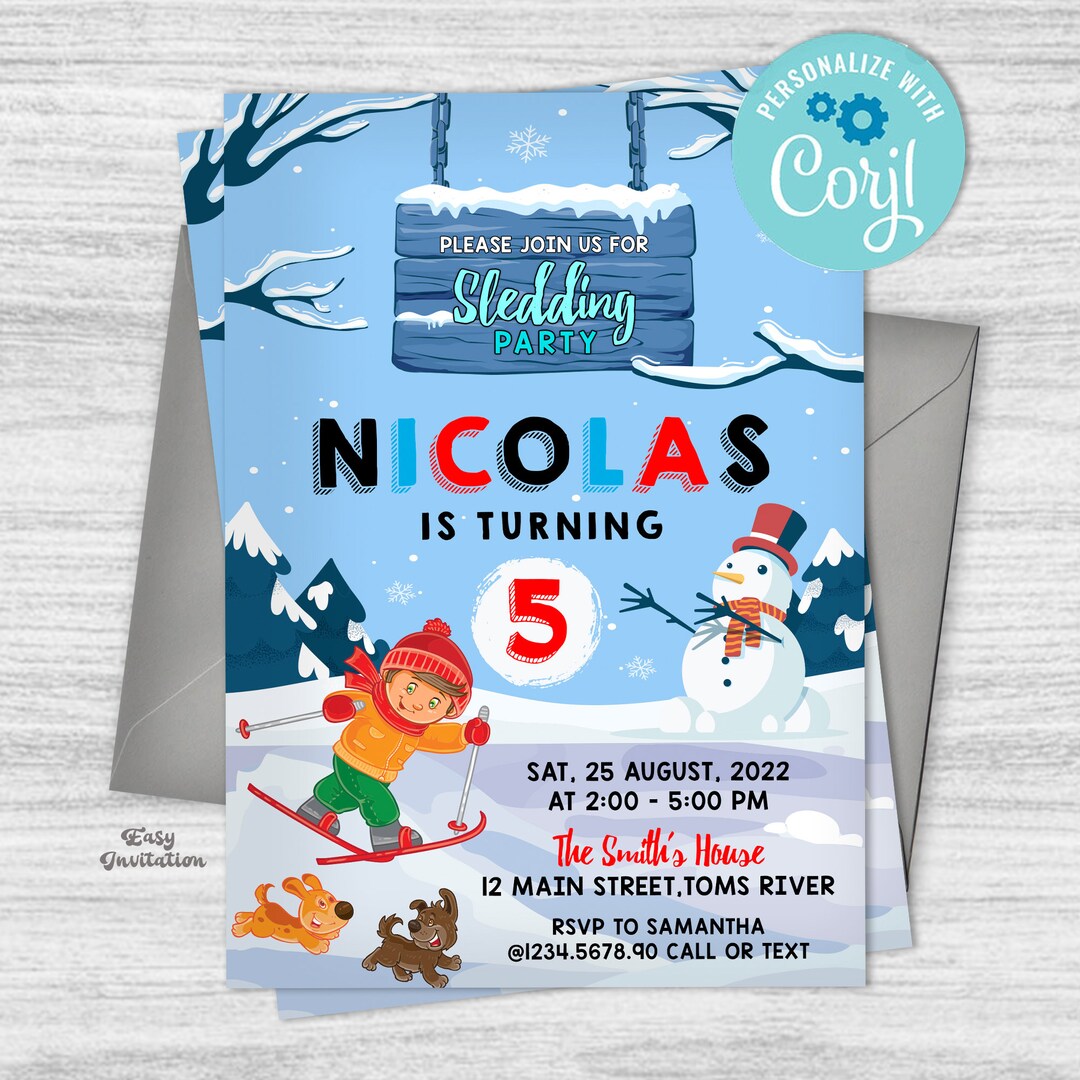 Snow Birthday Invitation Sledding Party Invitation Winter Etsy