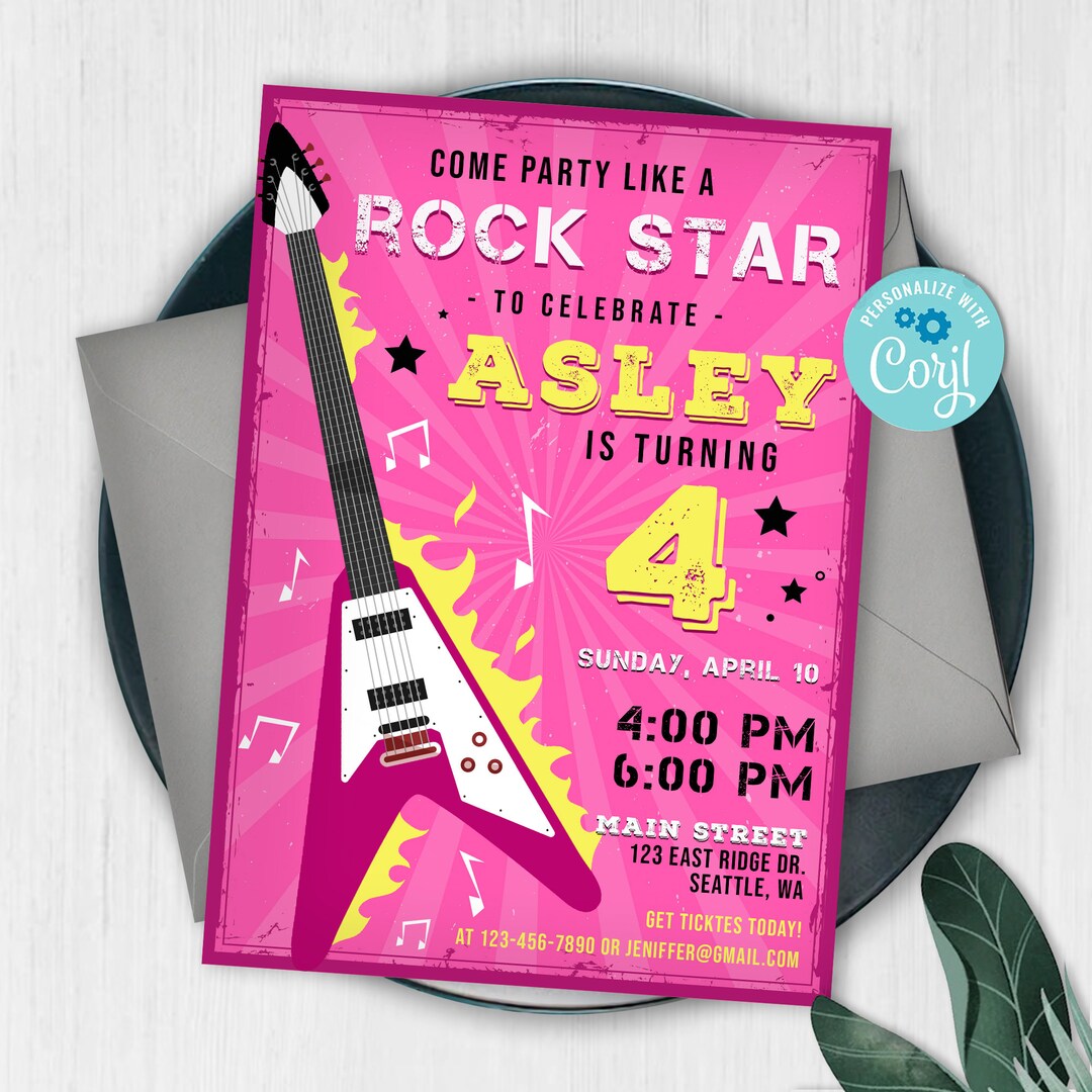 Rock Star Birthday Party Invitation, Printable Girls Party Invite