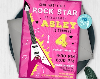 Rock Star Birthday Party Invitation, Printable Girls Party Invite, Black Pink Theme, Kids Rockstar Invitation, Rock Birthday Invitation