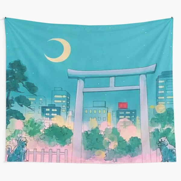 Pastel Anime City Sailor Wall Tapestry, Sailor Tapestries, Pink Backdrop, Anime City Wall Hanging