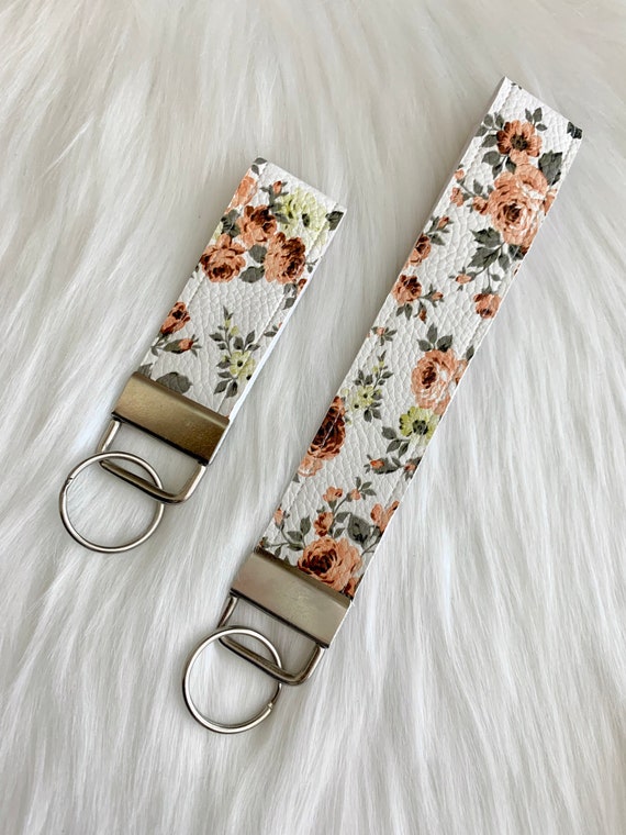 ShopMosita Peach Floral Key Fob Wristlet, Wristlet Keychain, Floral Wrist Lanyard, Key Fob Keychain, Faux Leather Key Chain Wristlet, Vintage