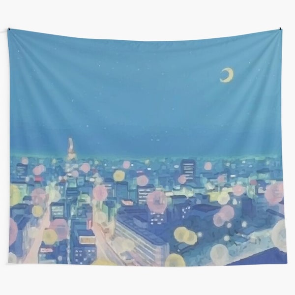 Sailor Moon Background City at Night Aesthetic Tapestries, Sailor Moon Wall Tapestry, 90's Wall Hanging