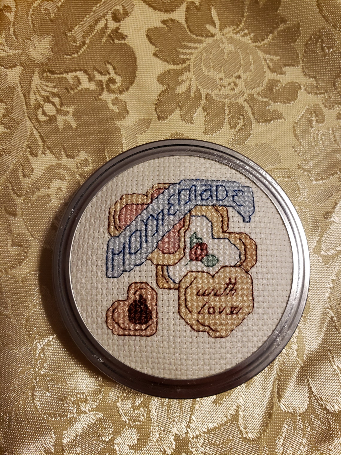 Cross Stitch Mason Jar Lid Homemade With Love Etsy