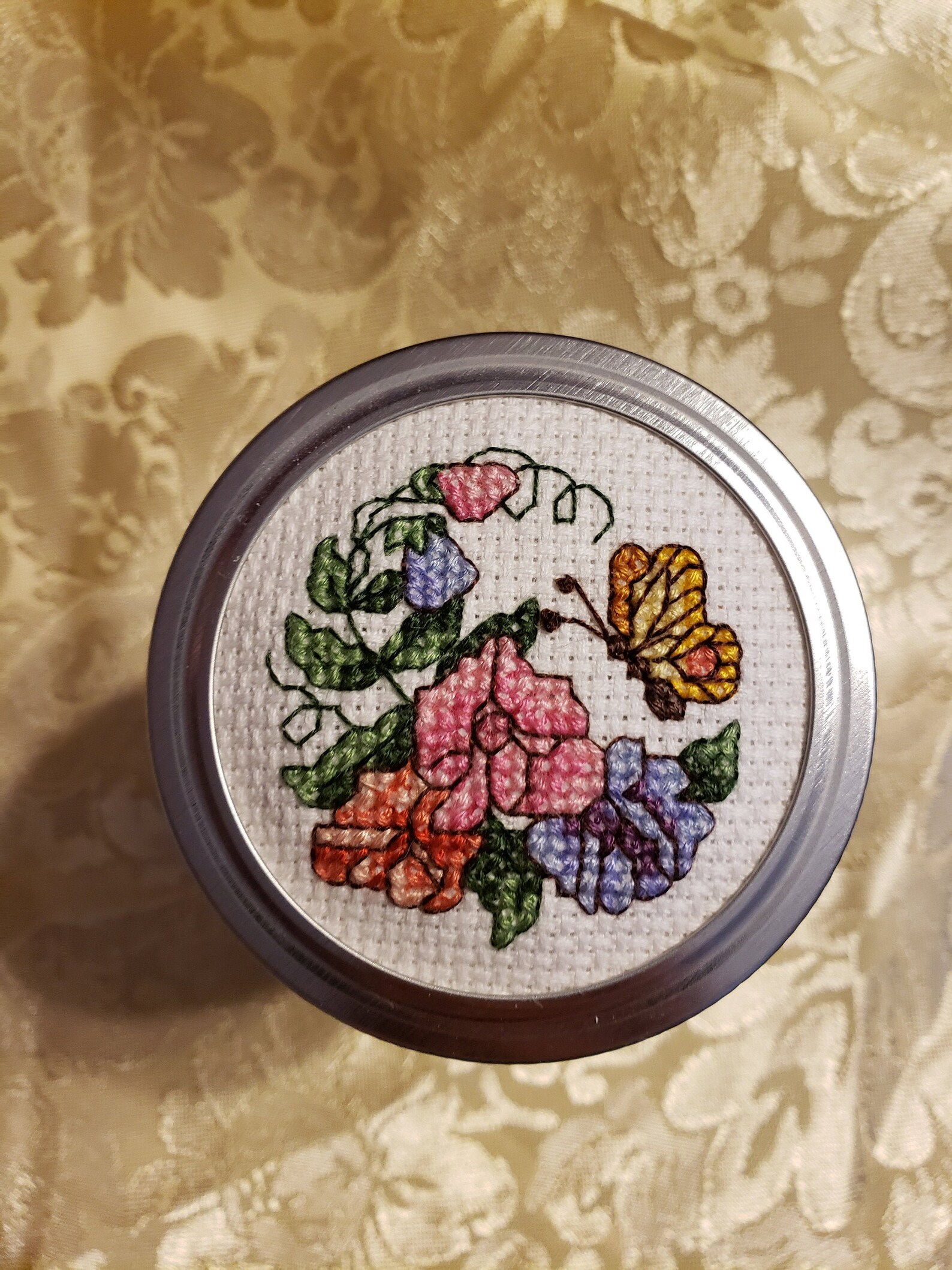 Cross Stitch Mason Jar Lid 8 Oz. Mason Jar Butterfly and Flowers Etsy