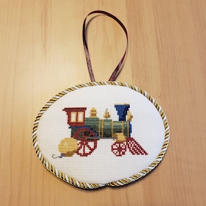 Steam Engine Train with Ornament - Christmas Ornament - finished cross stitch Christmas ornament