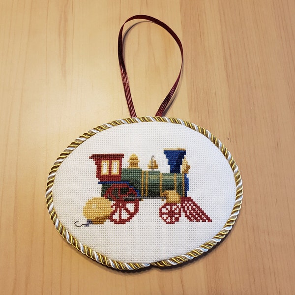 Steam Engine Train with Ornament - Christmas Ornament - finished cross stitch Christmas ornament