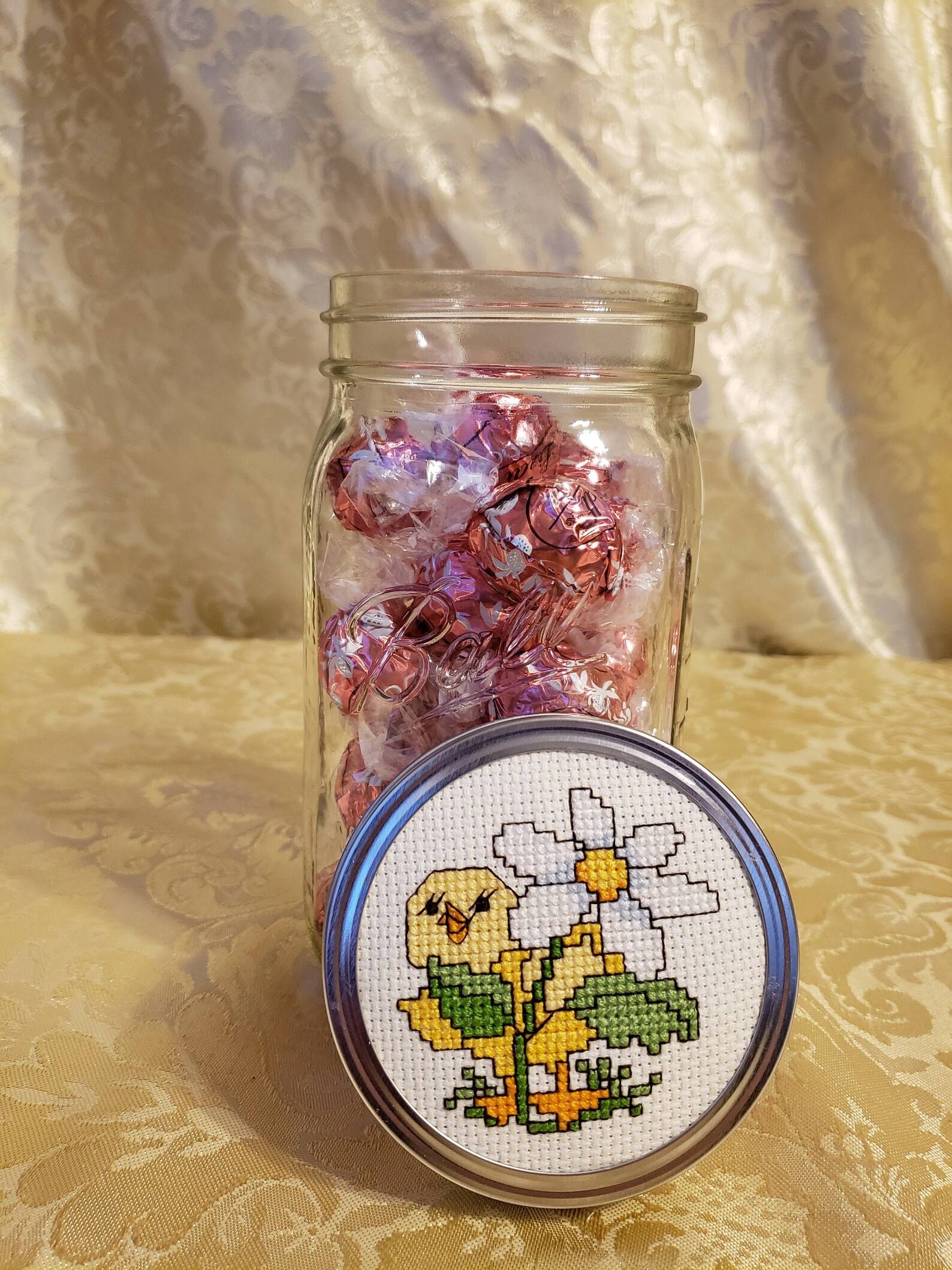 Cross Stitch Mason Jar Lid Baby Chick With Flower Etsy