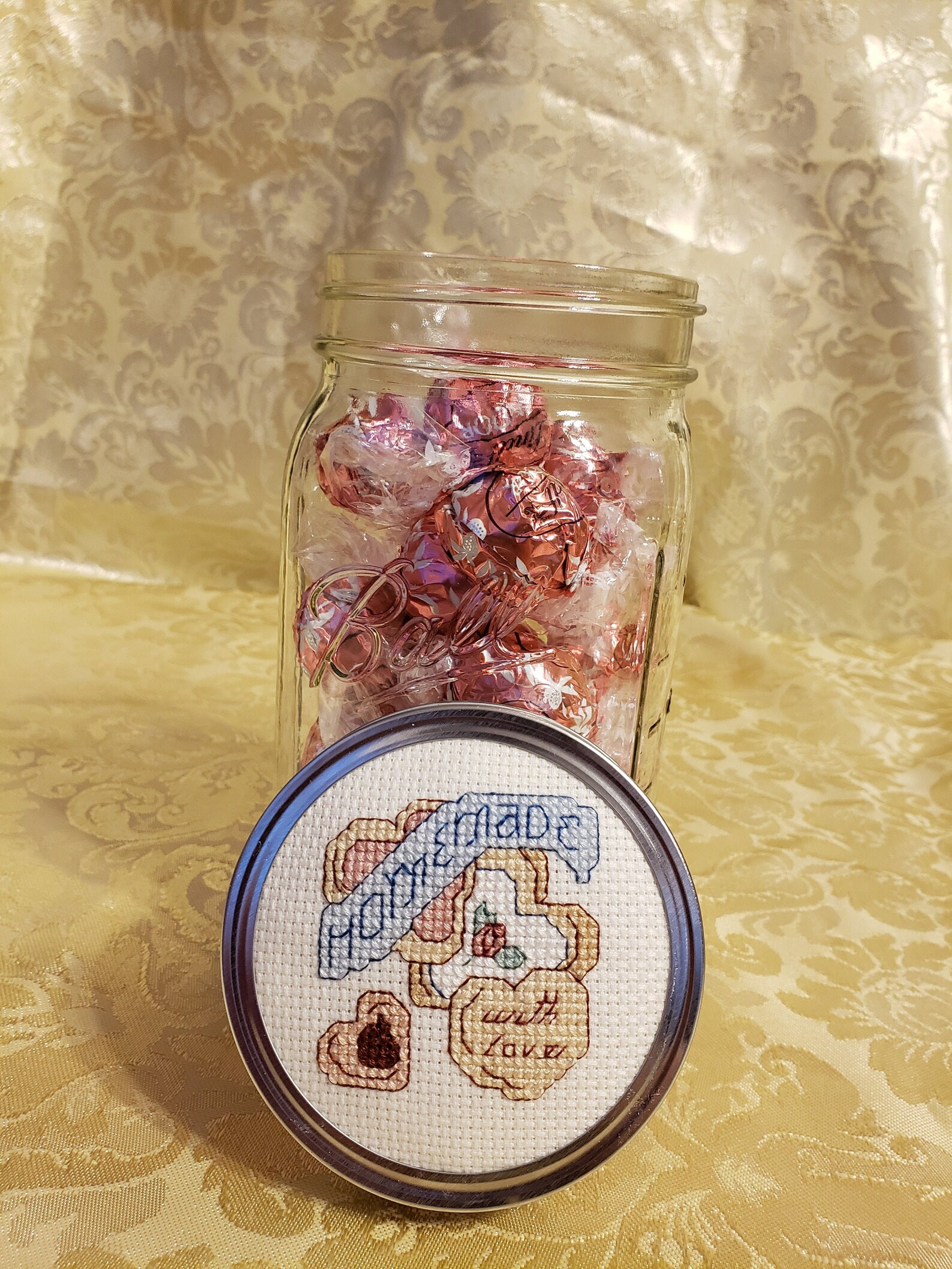 Cross Stitch Mason Jar Lid Homemade With Love Etsy