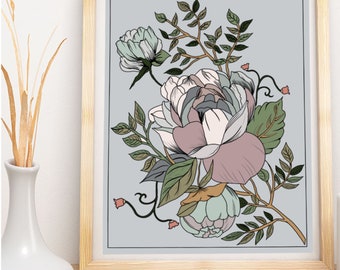 Floral Wall Art Peony + Leaves Print | Instant Digital Download
