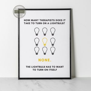 Hoeveel therapeuten zijn er nodig om een gloeilamp in te schakelen? Joke Digitale Print | Therapie, Counselor, Psycholoog Poster | Decor | Kunst aan de muur