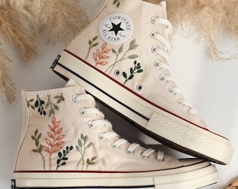 Embroidered Converse High Tops Chuck Taylor 1970s,  Custom Converse Embroidered Simple, Tree Leaves Embroidered Sneakers, Valentine Gifts