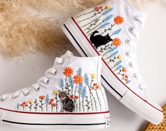 Individuell bestickte Kekse für hohe Spitzen, benutzerdefinierte Schuhe Blume und Katze bestickt, bestickte Kekse mit Haustier- und Blumenmuster, benutzerdefinierte Haustiergeschenke