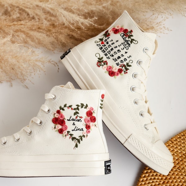 Wedding Converse for Bride, Custom Embroidered Converse Platform, Wedding Flowers Embroidered Platform Shoes, Personalized Bridal Sneaker