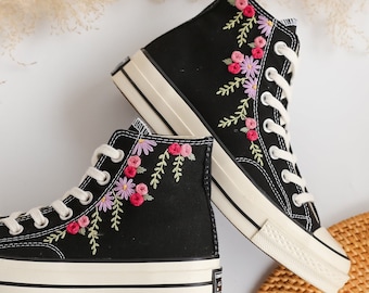 Custom Embroidered Converse High Tops, Wedding Flowers Embroidered Converse, Bridal Flowers Embroidered Sneaker, Personalized Bridal Sneaker