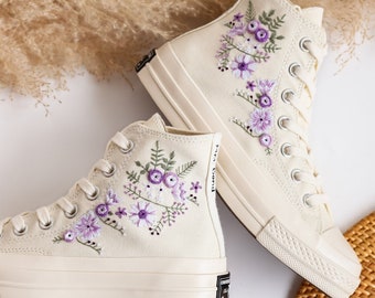 Ślubne Converse dla Panny Młodej, Buty ślubne na zamówienie z haftowanymi kwiatami, Haftowane trampki z kwiatami ślubnymi, Prezenty ślubne