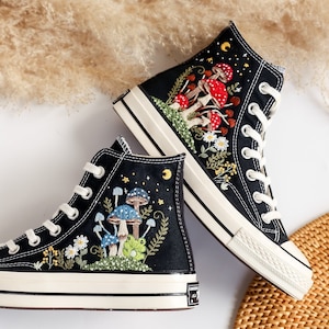 Embroidered Converse Mushroom and Frog, Converse High Tops Chuck Taylor  Embroidered Frog & Mushroom, Mushrooms Embroidered Converse Custom