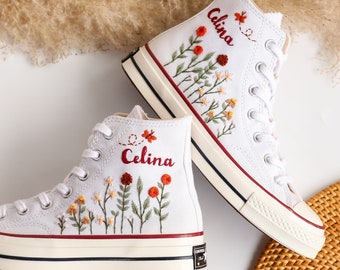 Custom Converse Chuck Taylor Flower Embroidered Converse Custom, Embroidered Flower Shoes Custom, Personalized Bridal Sneaker Valentine Gift