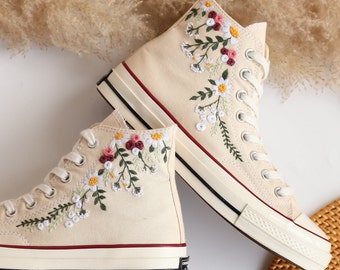 Custom Embroidered Converse High Tops Chuck Taylor, Embroidered Flower Converse Custom, Flower Embroidered Shoes Custom, Valentine Gifts