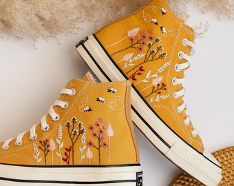Custom Converse All Star High Tops 1970 Embroidered Floral and Bee, Yellow Platform Chuck Taylor Sneakers Embroidered Flower Valentine Gifts