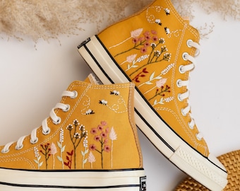 Custom Converse All Star High Tops 1970 Embroidered Floral and Bee, Yellow Platform Chuck Taylor Sneakers Embroidered Flower Valentine Gifts