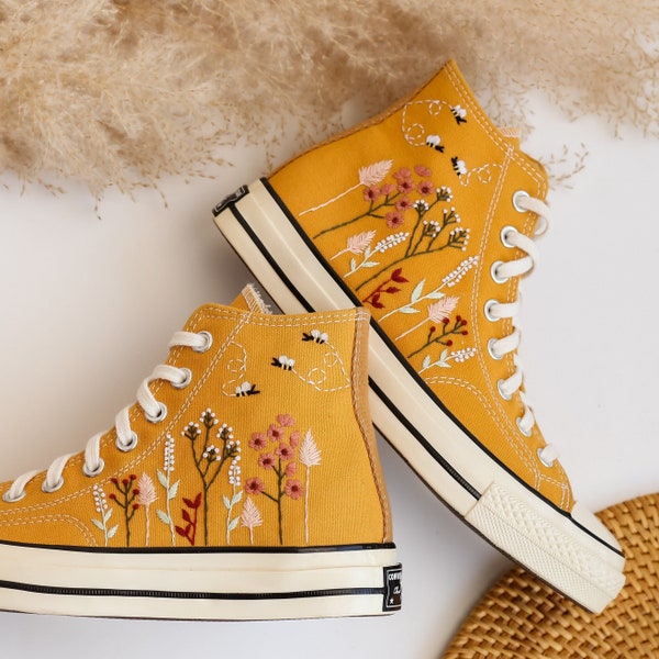 Custom Converse All Star High Tops 1970 Embroidered Floral and Bee, Yellow Platform Chuck Taylor Sneakers Embroidered Flower Valentine Gifts