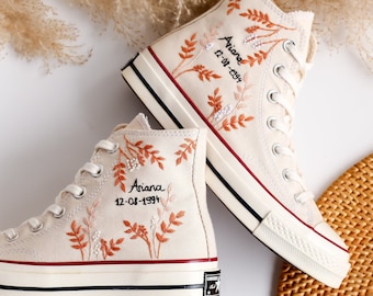 Wedding Converse, Custom Converse High Tops Embroidered Wedding Flowers, Custom Bridal Name Embroidery Converse Personalized Wedding Sneaker