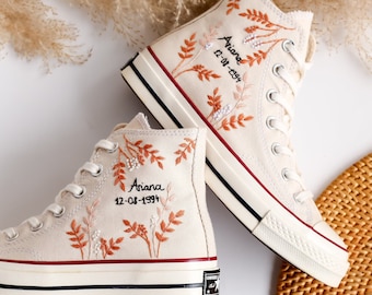 Hochzeits-Converse, Benutzerdefinierte Converse High Tops gestickte Hochzeitsblumen, Benutzerdefinierte Brautname Stickerei werde personalisierte Hochzeits-Sneaker