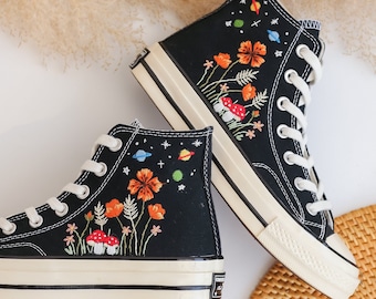 Tênis Converse Taylor High Top Bordado Anos 70, com estampa de cogumelo e jardim de flores de laranjeira, personalizado, e tênis bordado Moon Universe