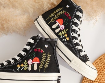 Custom Embroidered Converse High Tops, Mushrooms Embroidered Converse Custom, Flower, Mushrooms Embroidered Sneakers Custom, Mushroom Gifts