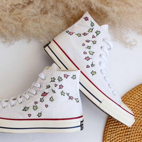 Custom Converse Embroidered Heartstopper Leaves, Bookish Inspired Converse High Tops, Nick and Charlie Embroidered Sneaker Cute Leaves Shoes