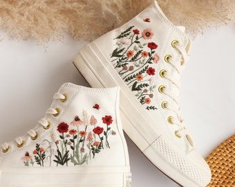 Platform Converse, Flowers Embroidered Wedding Converse Platform Shoes, Wedding Sneakers for Bride, Floral Embroidered Converse Platform