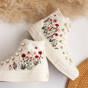 Platform Converse, Flowers Embroidered Wedding Converse Platform Shoes, Wedding Sneakers for Bride, Floral Embroidered Converse Platform