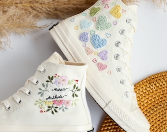 Geborduurd Converse-hart, bloemborduurwerk bruiloft Converse-schoenen, aangepaste Converse geborduurde naam bruidsbloem, hart, bruiloftsneaker