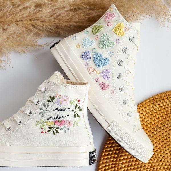 Embroidered Converse Heart, Flower Embroidery Wedding Converse Shoes, Custom Converse Embroidered Name Bridal Flower, Heart, Wedding Sneaker