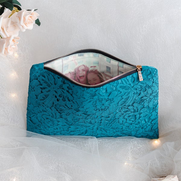 Personalized Wedding Purse, Custom Photo Clutch, Simple Photo Purse,  Teal Blue Simple Purse,  Bridesmaid Personalized Gift