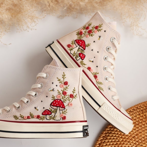 Embroidered Converse High Tops, Mushrooms and Flower Embroidered Converse Shoes, Custom Converse Taylor 1970s Mushrooms Embroidered Sneakers