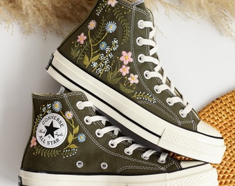 Individuell bestickte Keshi High Tops, Gartenblumen bestickte Schuhe, Gänseblümchen bestickte Hochzeitsschuhe, personalisierte Brautschuhe