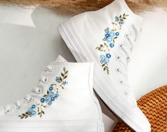 Blue Converse Embroidered, White Converse with Blue Flowers Embroidery, Bridal Flower Embroidered Shoes, Wedding Flower Embroidered Sneakers