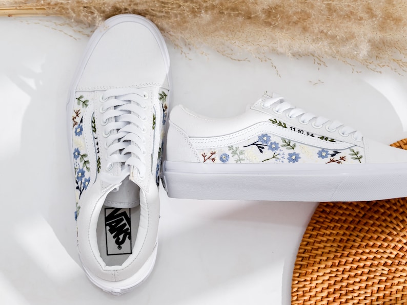 Wedding Vans for Bride and Groom, Blue Flowers Embroidered Vans Custom, Bridal Floral Embroidery Vans Slip On, Personalized Bridal Sneaker