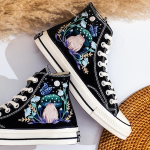Embroidered Converse Custom Butterfly, Mushroom, Converse High Tops Chuck Taylor Embroidered Moon, Moth Embroidered Sneakers, Birthday Gifts