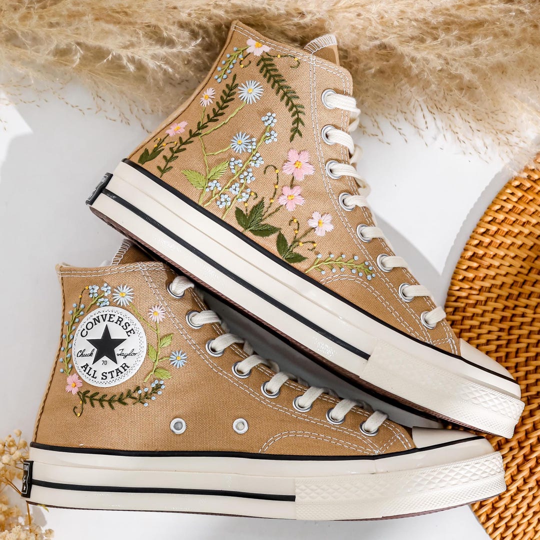 Floral Converse, Small Flowers Embroidered Converse Brown Fall ...