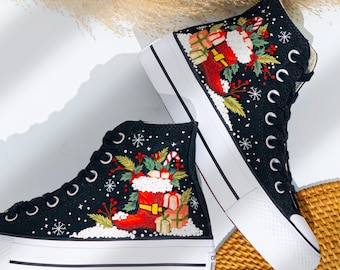 Zapatillas Converse con plataforma bordadas para Navidad, copos de nieve, cajas de regalo y bordado floral, zapatillas con bordado navideño, regalos de Navidad