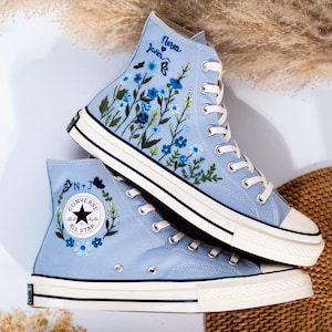 Custom Embroidered Converse High Tops, Flower Embroidered Shoes, Converse Blue Chuck Taylor Embroidery, Personalized Gift, Birthday Gift