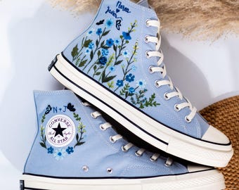 Custom Embroidered Converse High Tops, Flower Embroidered Shoes, Converse Blue Chuck Taylor Embroidery, Personalized Gift, Birthday Gift