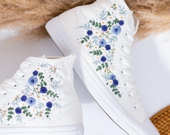 Zapatos de plataforma para boda personalizados, zapatillas de novia con flores blancas bordadas, zapatos de recepción de boda bordados, zapatillas de novia personalizadas
