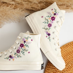 Custom Embroidered Wedding Sneakers, Purple Flowers Embroidered Converse, Bridal Flower Embroidered Shoes Custom, Personalized Gifts for Her