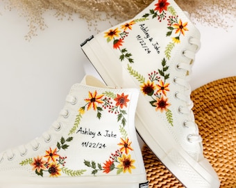 Custom Embroidered Wedding Converse, Name and Date, Wedding Sunflower Embroidered Converse, Anniversary day Embroidery , Boho Wedding Gifts