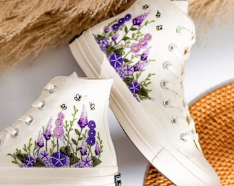 Embroidered Wedding Converse High Tops, Converse Embroidery Purple Floral, Custom Bride Shoes, Floral Embroidered Sneaker, Boho Wedding Gift