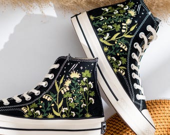 Hand Embroidered Converse Chuck Taylor High Tops, Custom Black Converse Embroidery Wildflower, Botanical Embroidered Sneakers, Custom Gifts