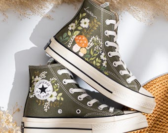 Custom Embroidered Converse Chuck Taylor High Tops, Converse Embroidery Wildflower And Mushroom, Name Embroidered Sneakers, Women Gift